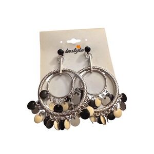 NWOT Instyle Silver Tone Multi Hoop Dangle Earrings Black White Disc Charms Boho